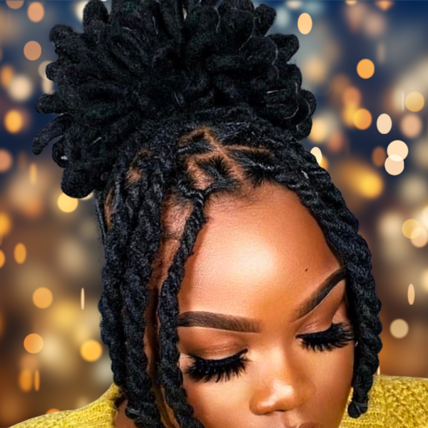 Stylish twisted locs pulled into a high bun with defined parts, highlighting the versatility of O Gel for long-lasting hold and moisture by Evolving Textures.
