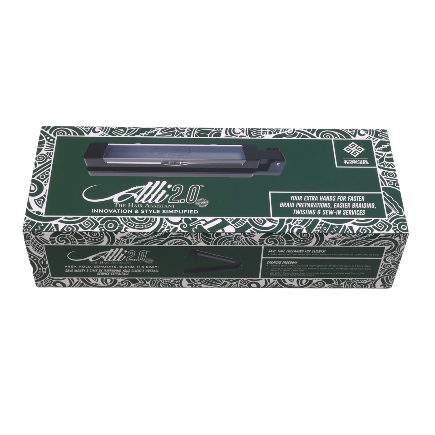 Professional packaging for the Alli Styles Assistant by Evolving Textures, highlighting braid helper tool to aid in precision and control for faster, more efficient styling.