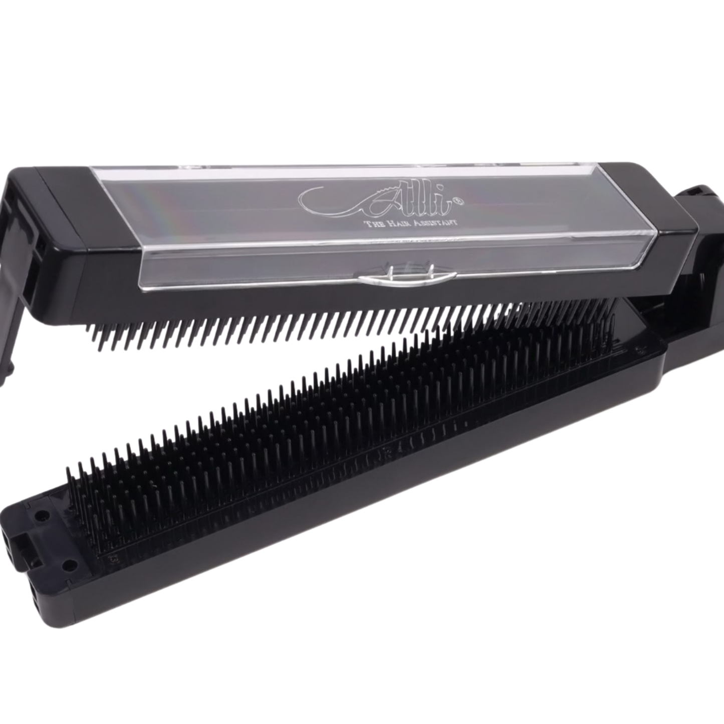 Angled view of the Alli Styles Assistant partially open, clearly displaying black alligator-style teeth that grip hair extensions for styling.