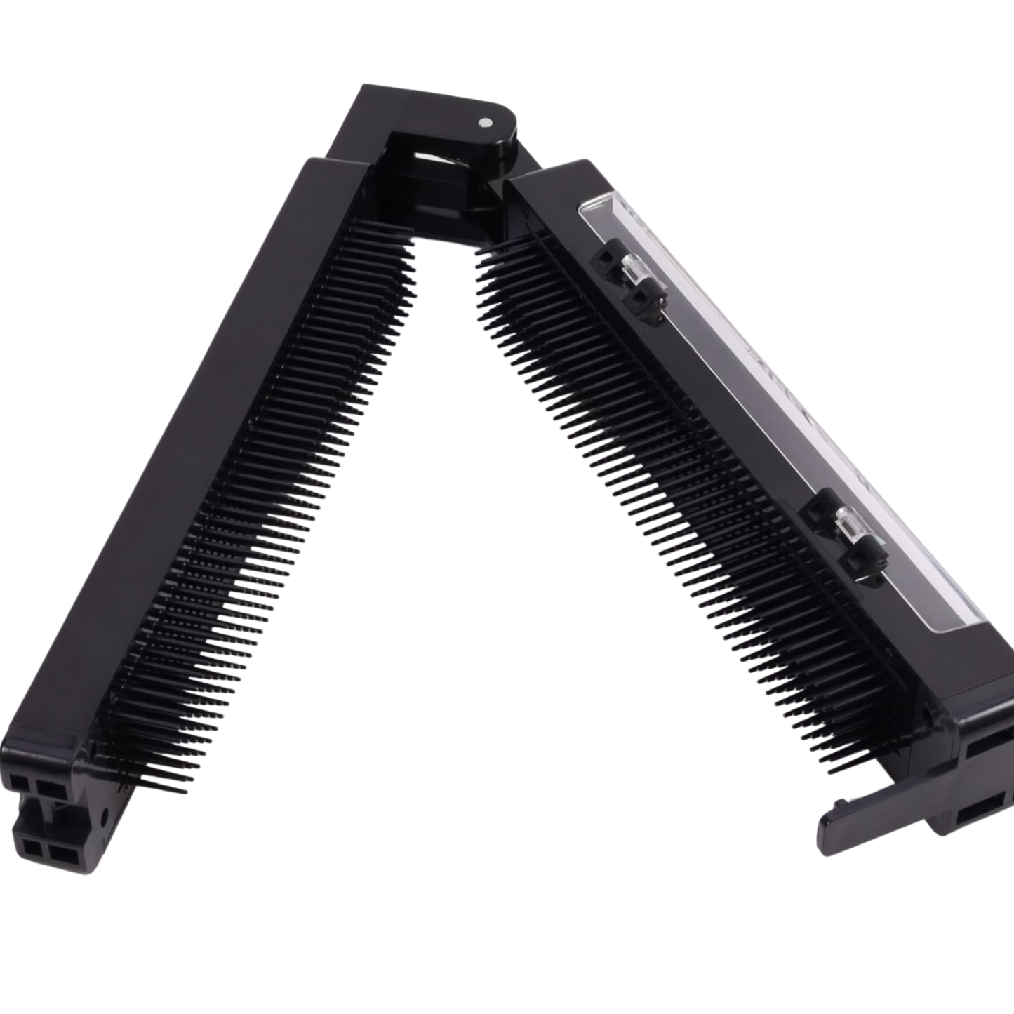Overhead view of the Alli Styles Assistant opened in a wide V-shape, showing full length of comb sections used to separate and hold braiding hair.