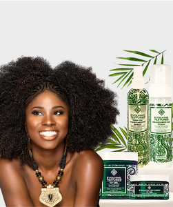 A curly-haired, smiling girl with organic hair styling products.